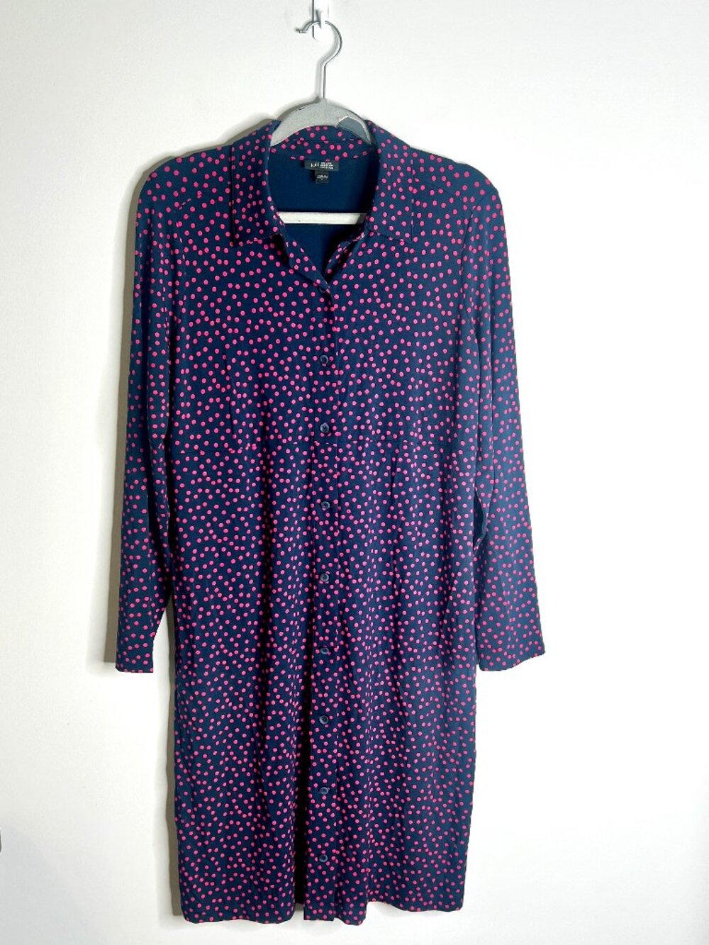 J. Jill WearEver Collection Navy Shift Dress Pink Polka Dot Print Career Sz S